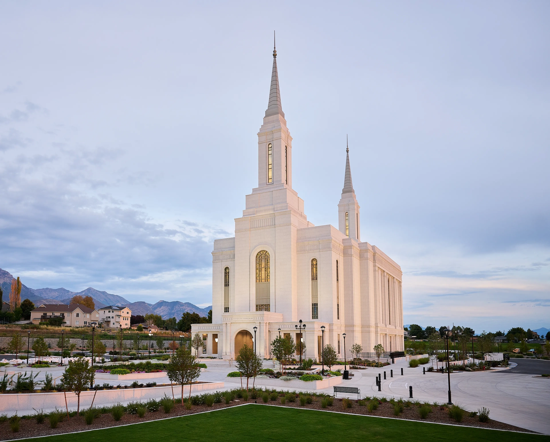 Latter-day Saint temple at dawn